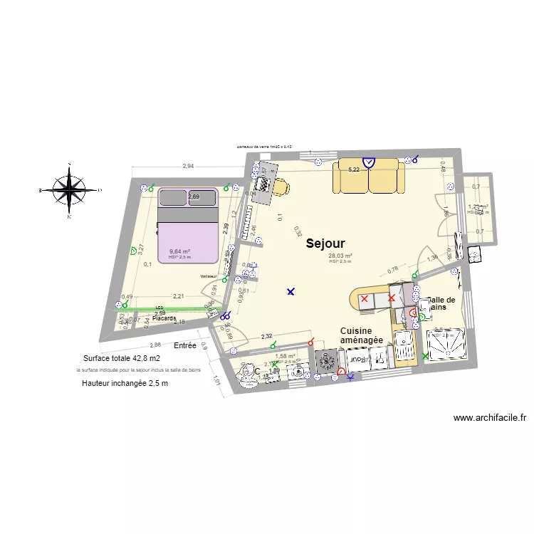 Amouyer apr&egrave;s travaux STUDIO amenag&eacute; 2026 04 17. Plan de 5  et 43 m²