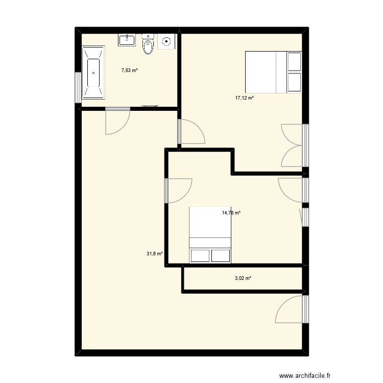 plan h. Plan de 5 pièces et 74 m2