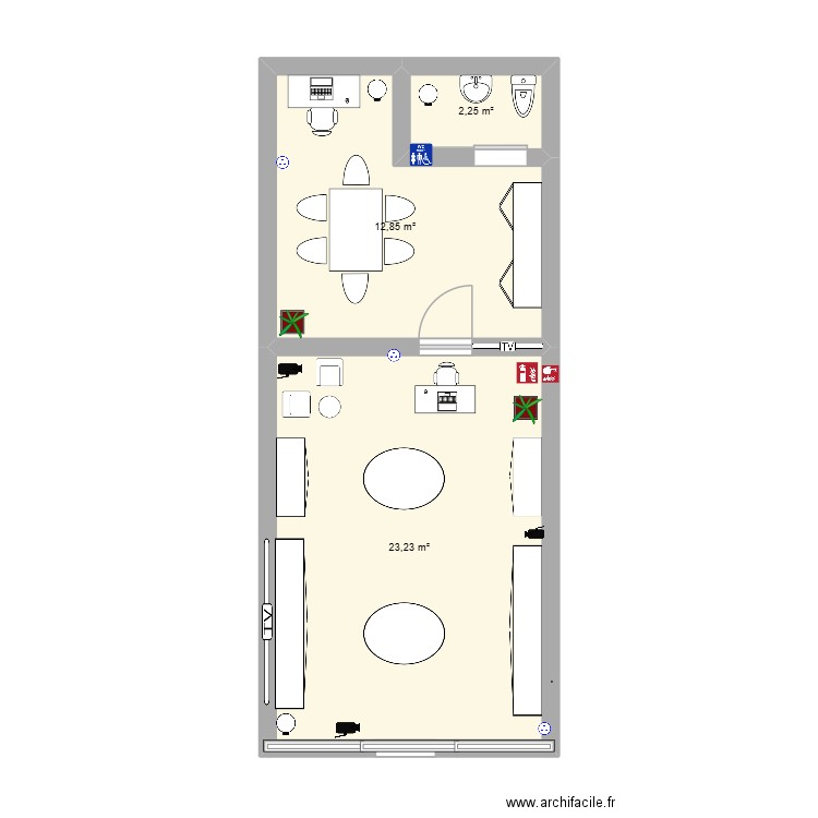 magasin. Plan de 3 pièces et 38 m2