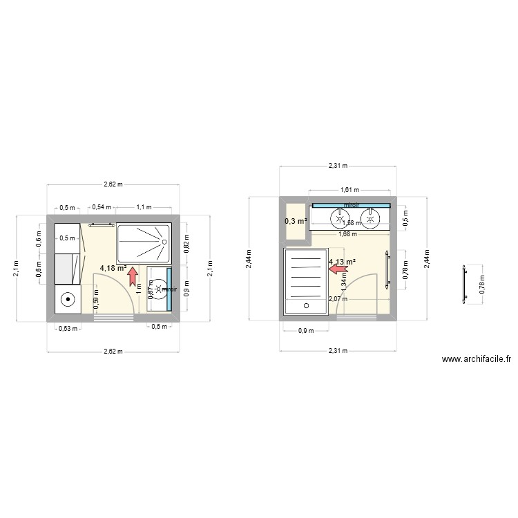 SDB CAROLINE. Plan de 3 pièces et 9 m2