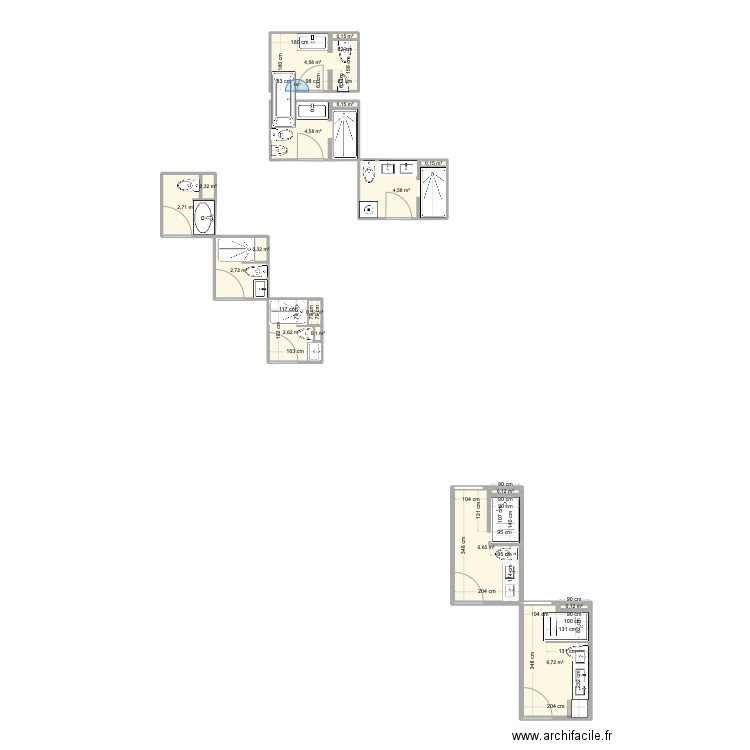 salledebain. Plan de 17 pièces et 37 m2