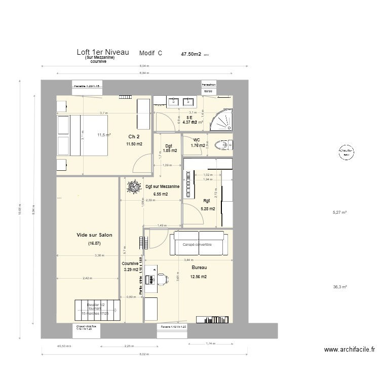 Loft 1 Niveau,Mezzanine +coursive Modif C/E; . Plan de 4 pièces et 59 m2