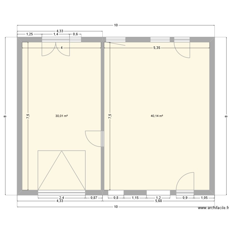 S_Sol nue. Plan de 2 pièces et 70 m2