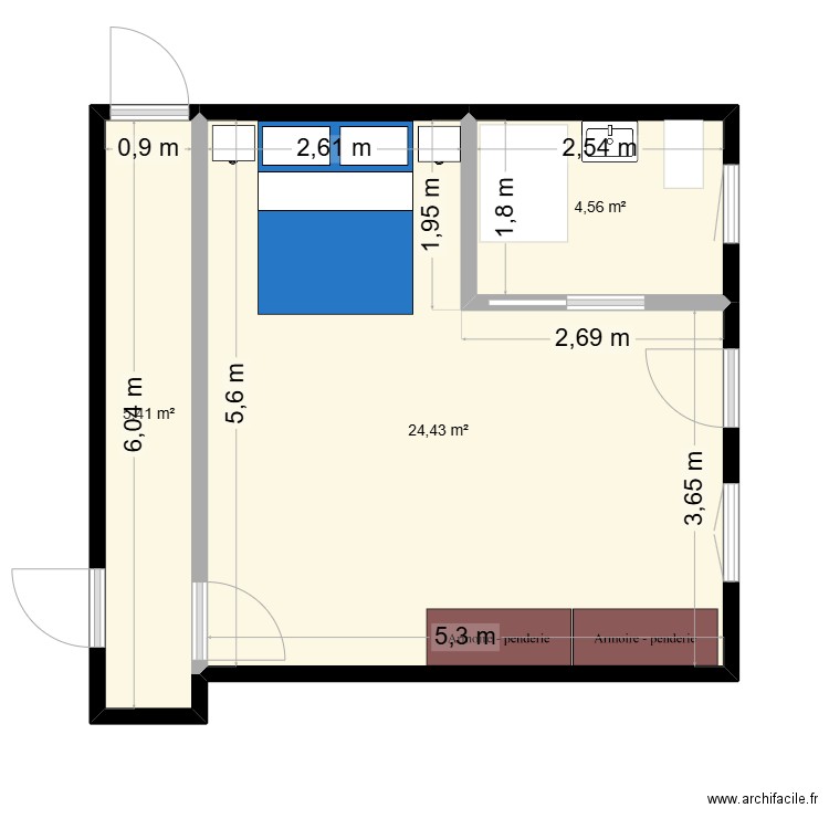 chambre vh. Plan de 3 pièces et 34 m2