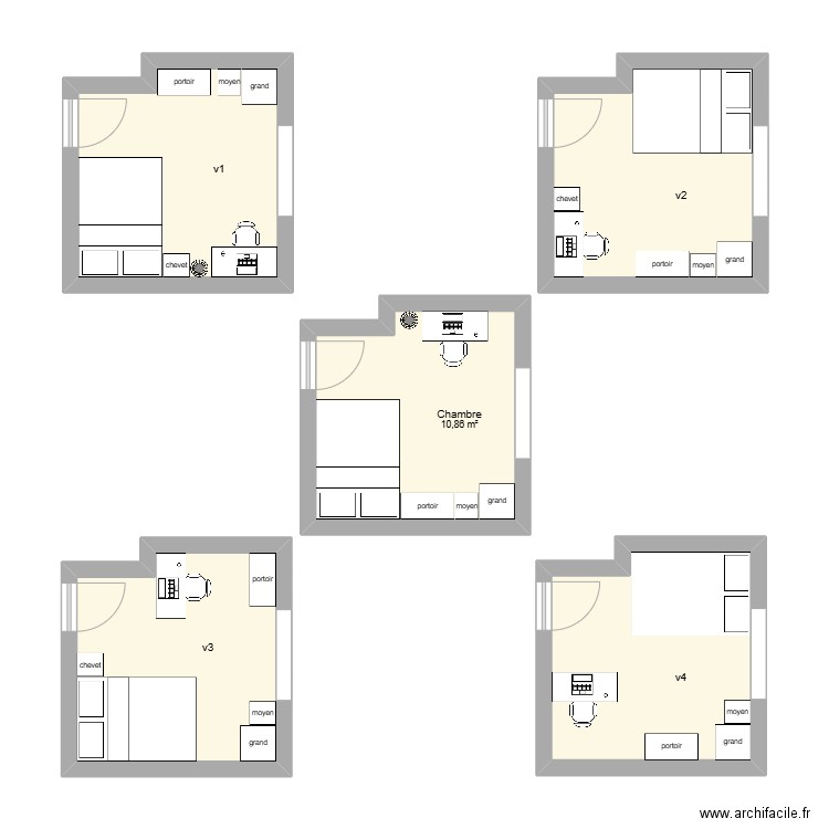 chambre. Plan de 5 pièces et 54 m2