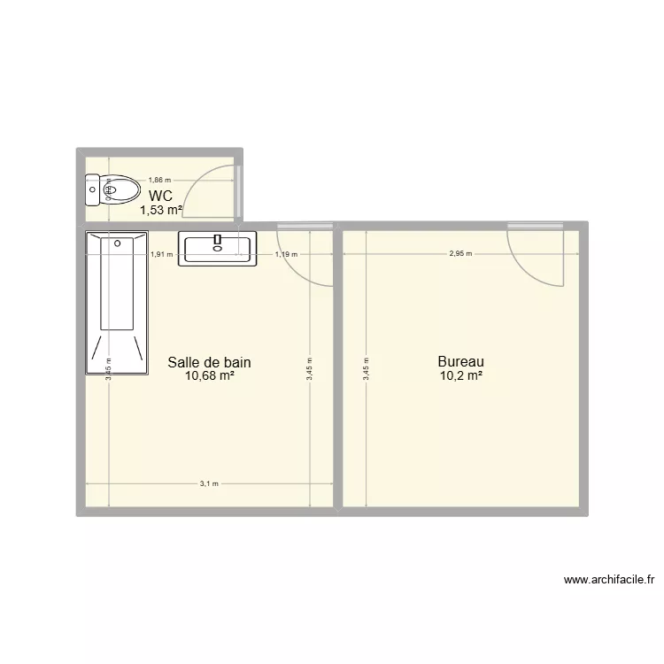 Plan Sdb+bureau+couloir v2. Plan de 3  et 22 m²