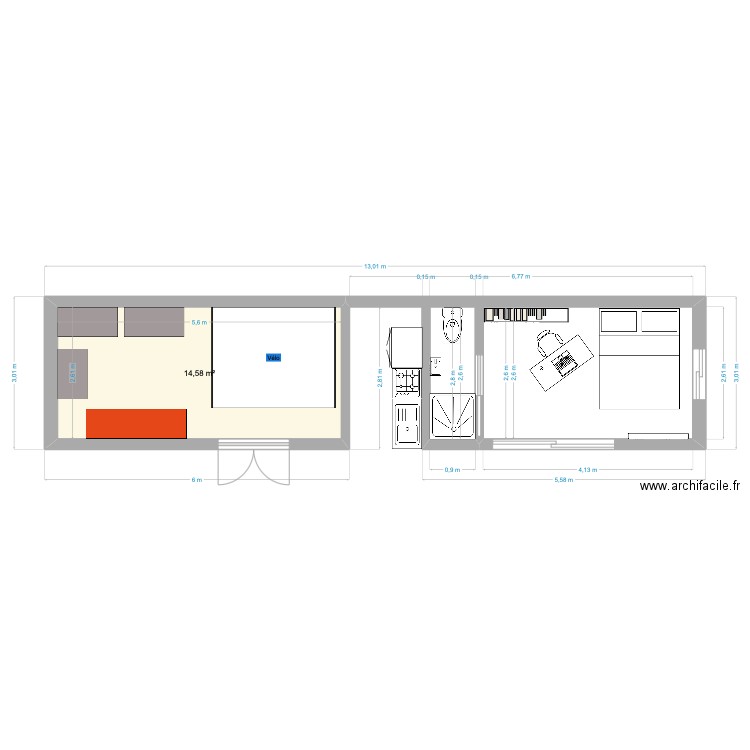 Extension. Plan de 1 pièce et 15 m2