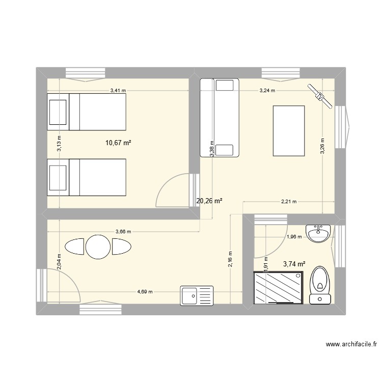 1ER ETAGE BAT GAUCHE. Plan de 3 pièces et 35 m2