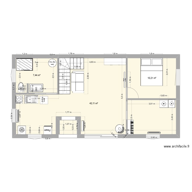 maison 6 x 12. Plan de 3 pièces et 61 m2