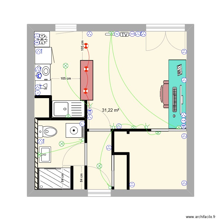 Apt Clem 2. Plan de 1 pièce et 31 m2