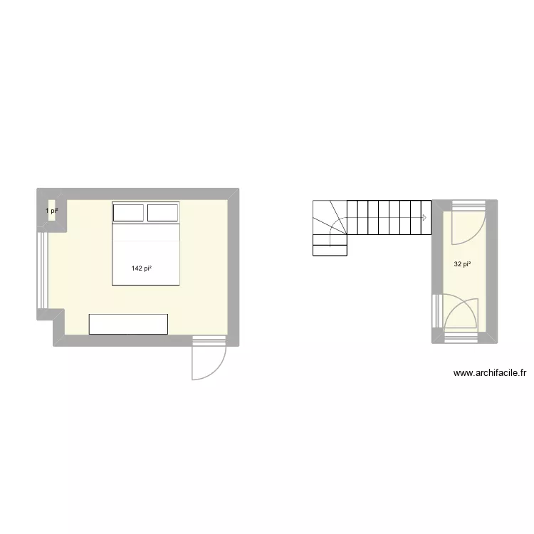 Boudoir haut + escalier haut. Plan de 3 pièces et 16 m²