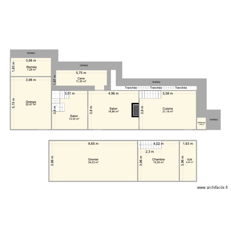 RDC. Plan de 10 pièces et 150 m2