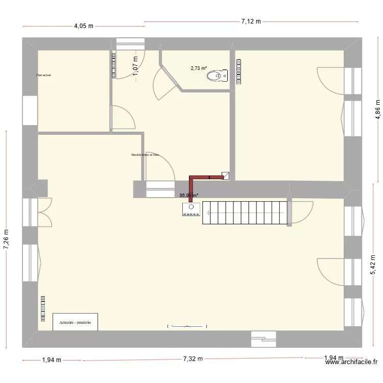 Rez de chauss&eacute; chez nous &eacute;tat initial. Plan de 7  et 181 m²
