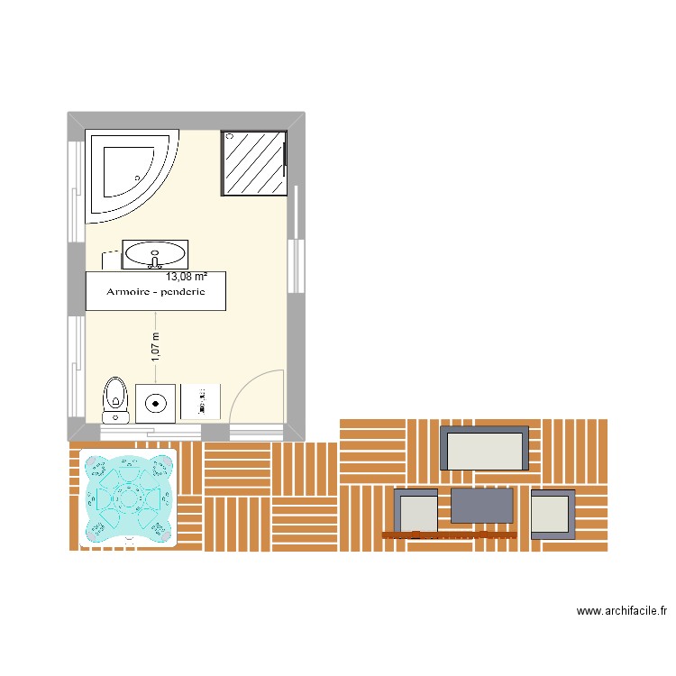 sdb. Plan de 1 pièce et 13 m2