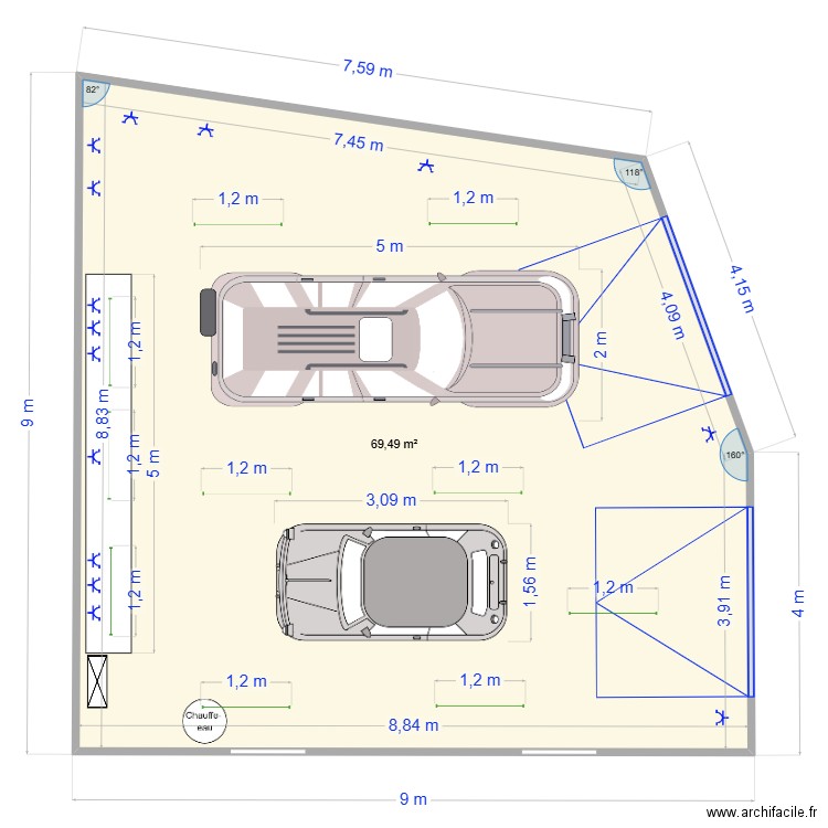 BOX de rêve. Plan de 1 pièce et 69 m2
