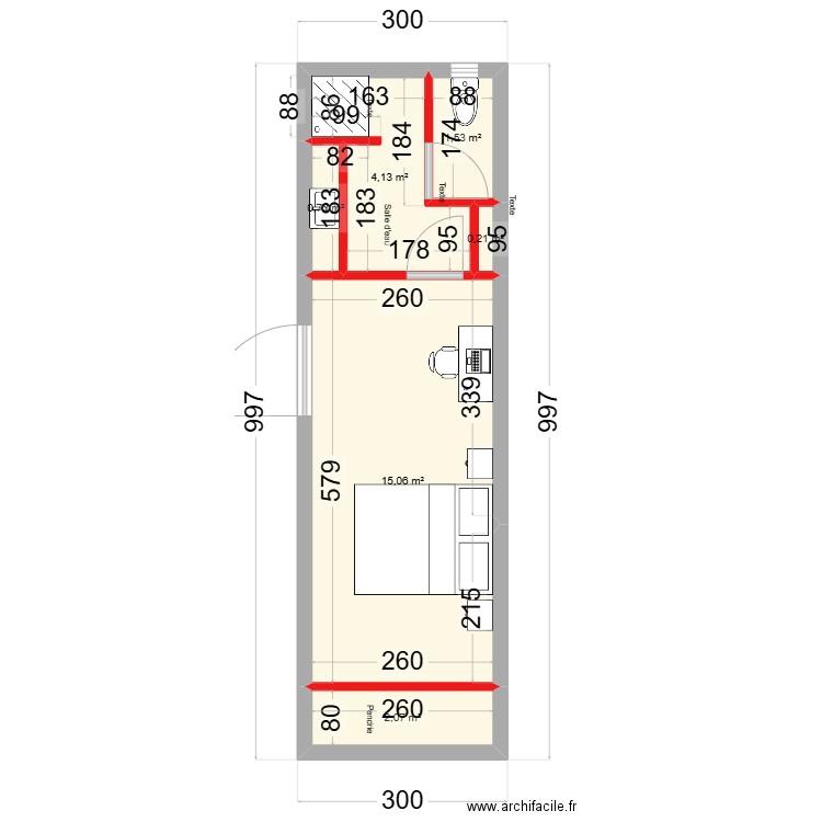 Projet aménagement studio - 27 avril 25. Plan de 6 pièces et 24 m2