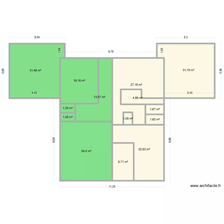 ZI pompiganl rdc. Plan de 14  et 201 m²