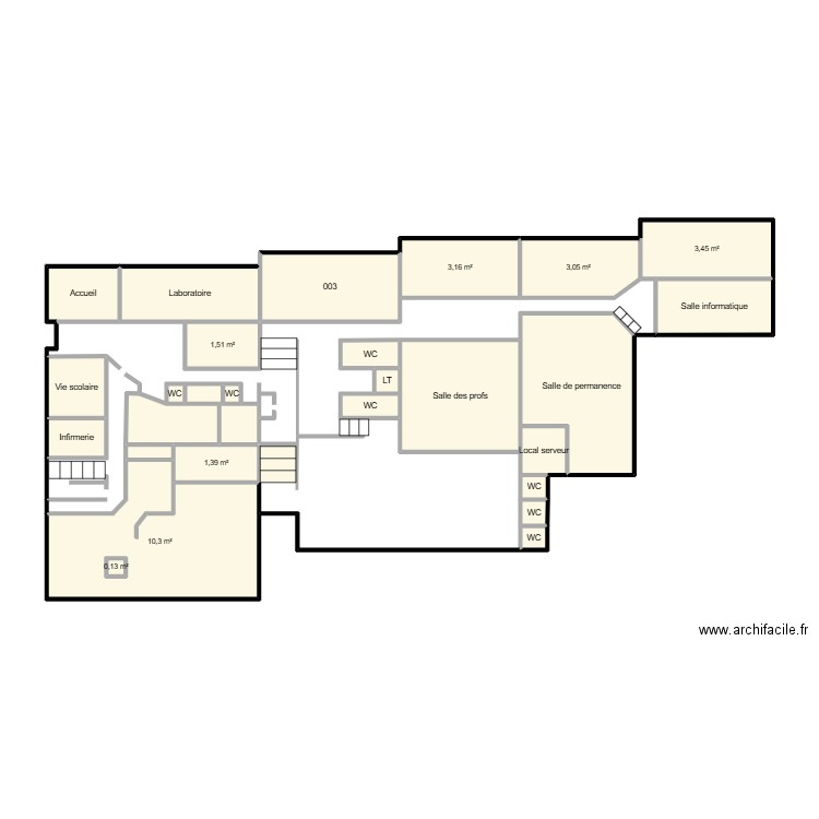 rdc. Plan de 27 pièces et 58 m2