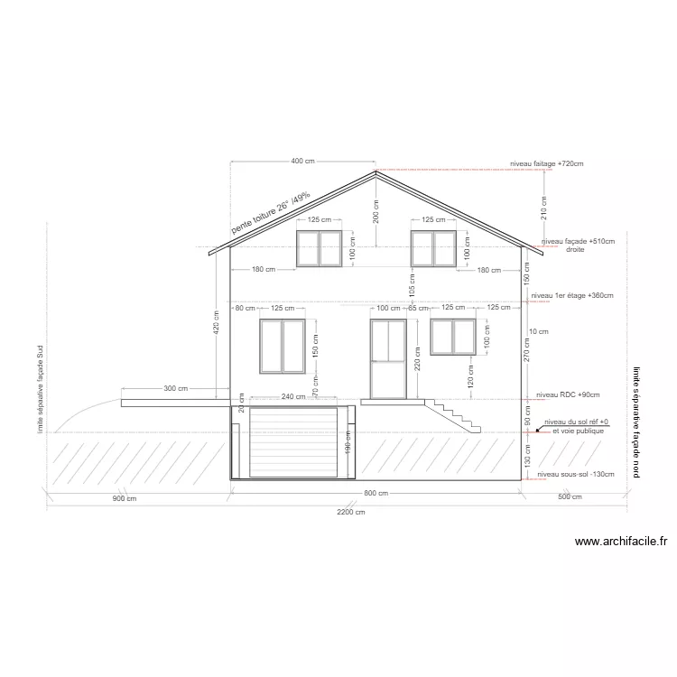 maison Douvres  / plan projet r&eacute;hausse /fa&ccedil;ade Est. Plan de 