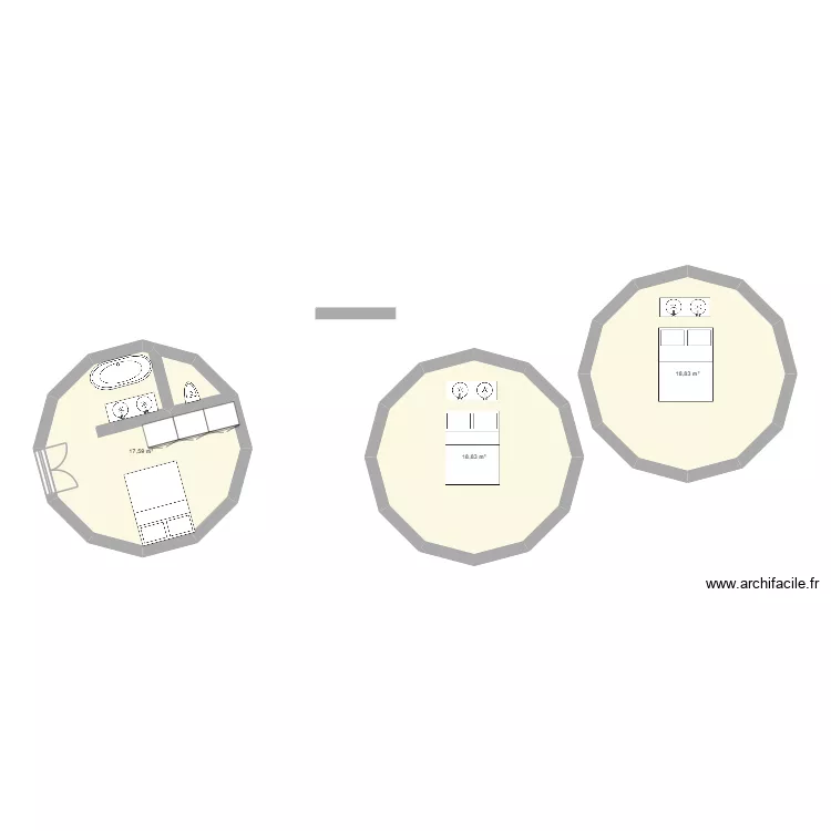 yourte. Plan de 3  et 55 m²