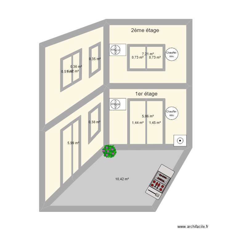 Maison El Houda - Coupe sur COUR. Plan de 13 pièces et 49 m2