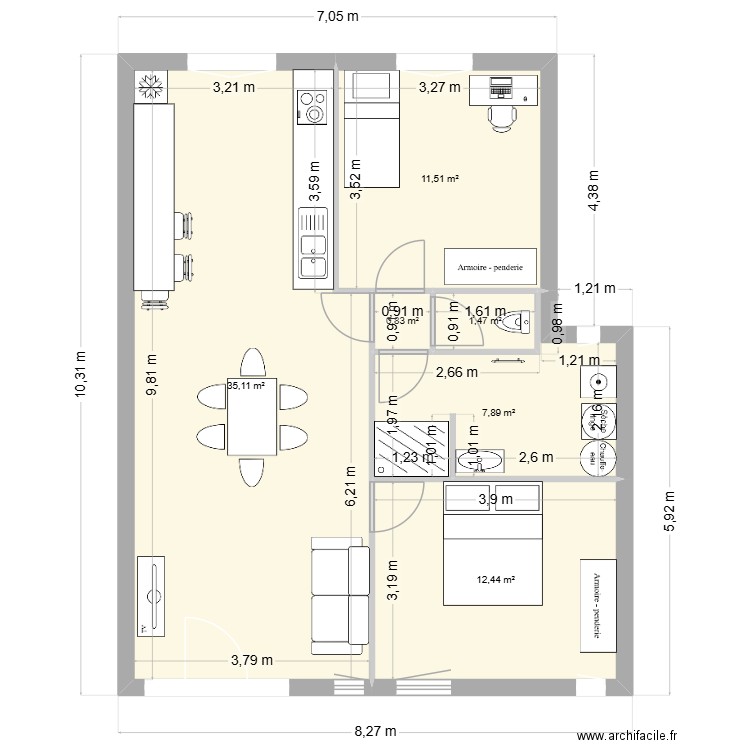 Douvrin avec extension modif. Plan de 6 pièces et 69 m2