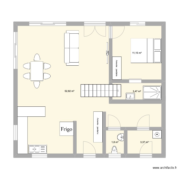 pièce à vivre. Plan de 5 pièces et 73 m2
