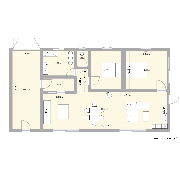 Projet 2. Plan de 7 pièces et 91 m2