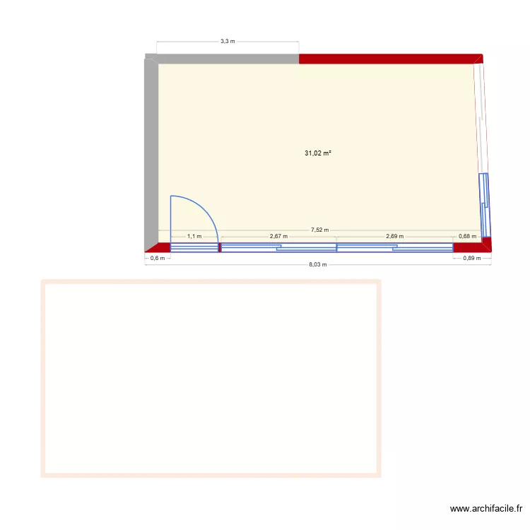 v&eacute;randa. Plan de 1 Pièce et 31 m²
