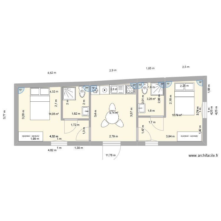 appart. Plan de 4 pièces et 38 m2