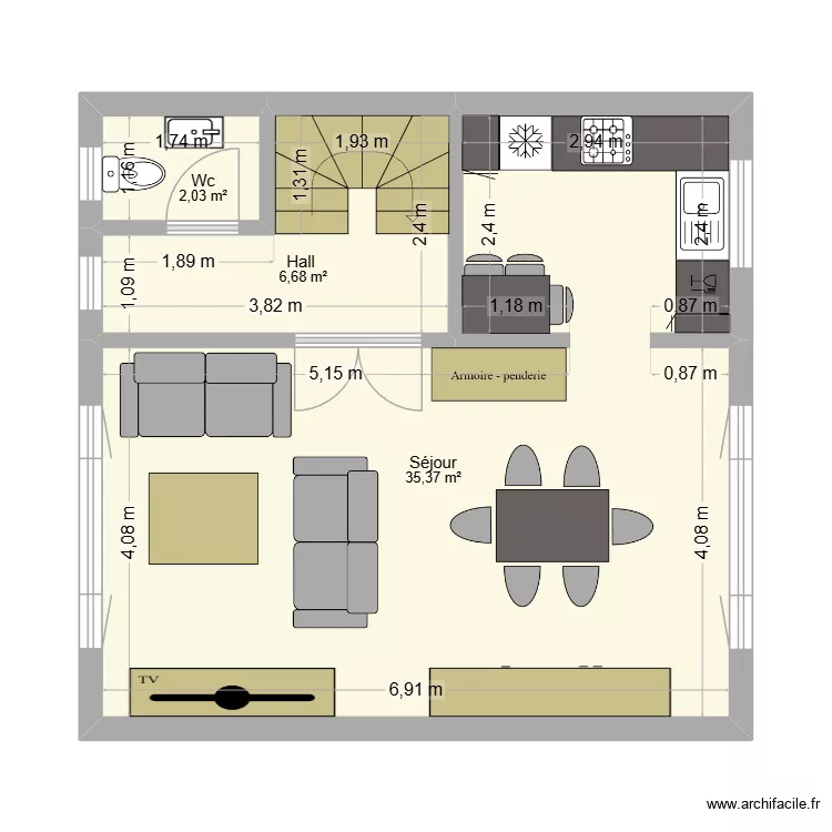 1er Seraing. Plan de 3  et 44 m²