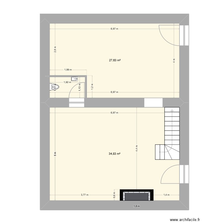 Cuisine + Chasse. Plan de 2 pièces et 62 m2