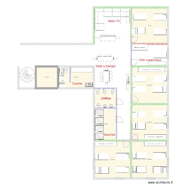 dortoirs lkhiyata. Plan de 9 pièces et 152 m2