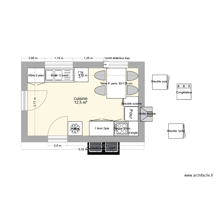 cuisine oct 2025. Plan de 1 pièce et 13 m2