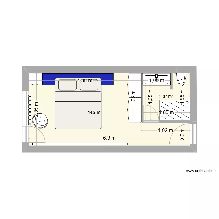 Studio 5 ieme &eacute;tage version Chambre. Plan de 2 Pièces et 18 m²