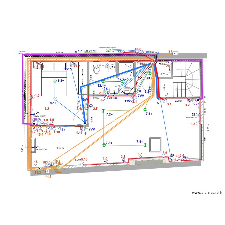 Appartement 3ème Electricité PRISES. Plan de 5 pièces et 52 m2