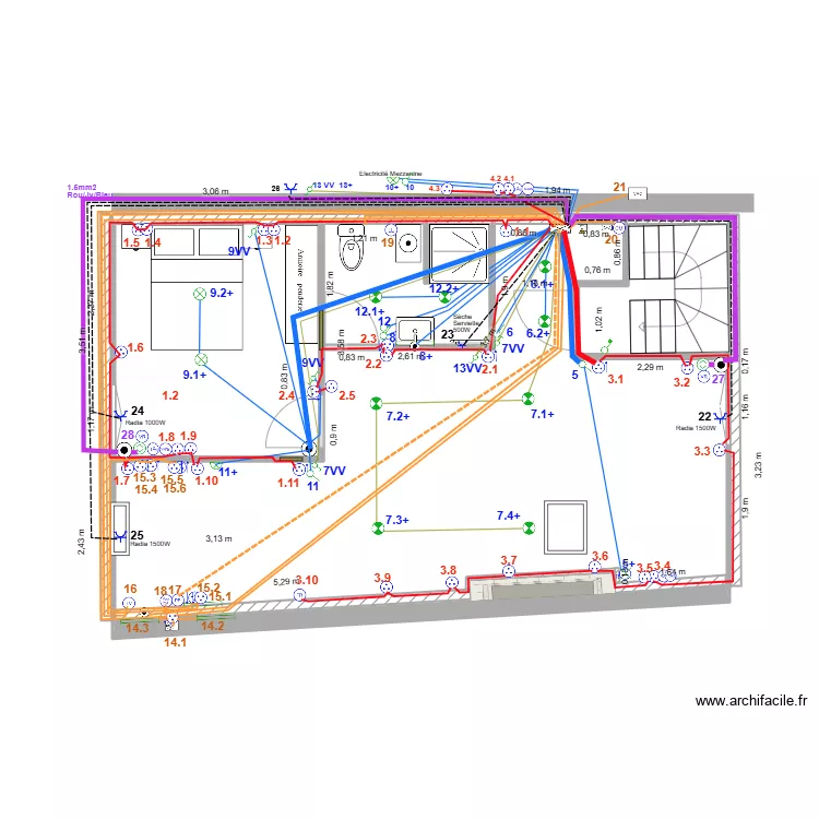 Appartement 3&egrave;me Electricit&eacute; PRISES. Plan de 