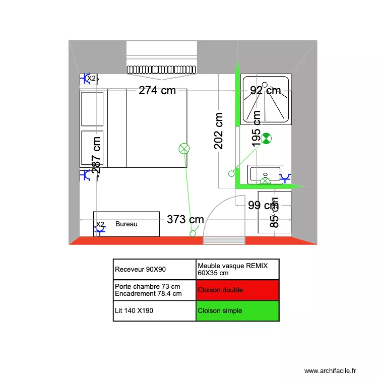 Chambre 7 (1er &eacute;tage). Plan de 2  et 10 m²