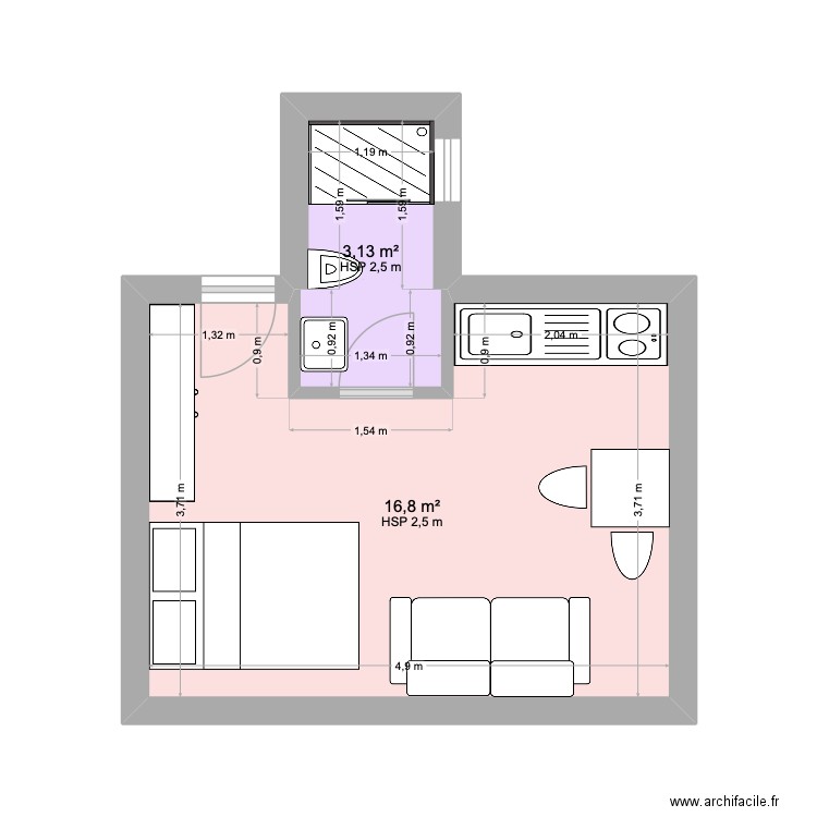 PAIX 47. Plan de 2 pièces et 20 m2