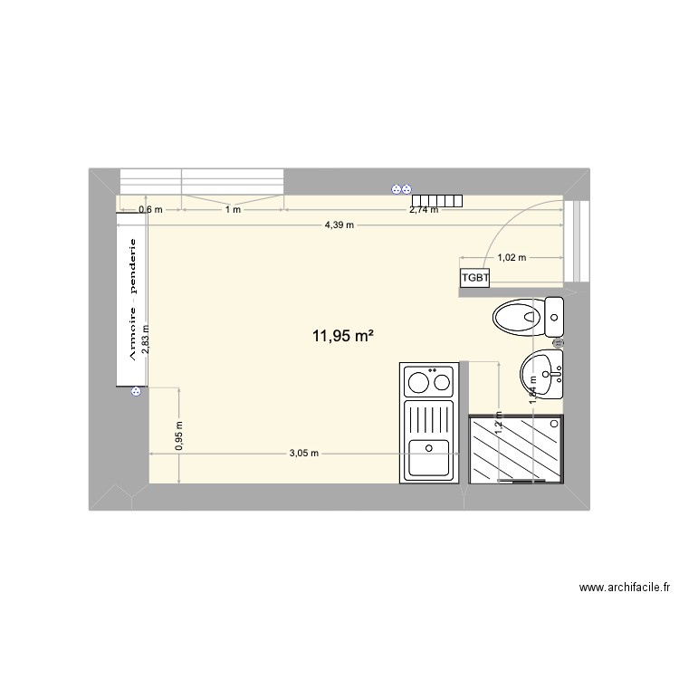 Appart Alésia. Plan de 1 pièce et 12 m2