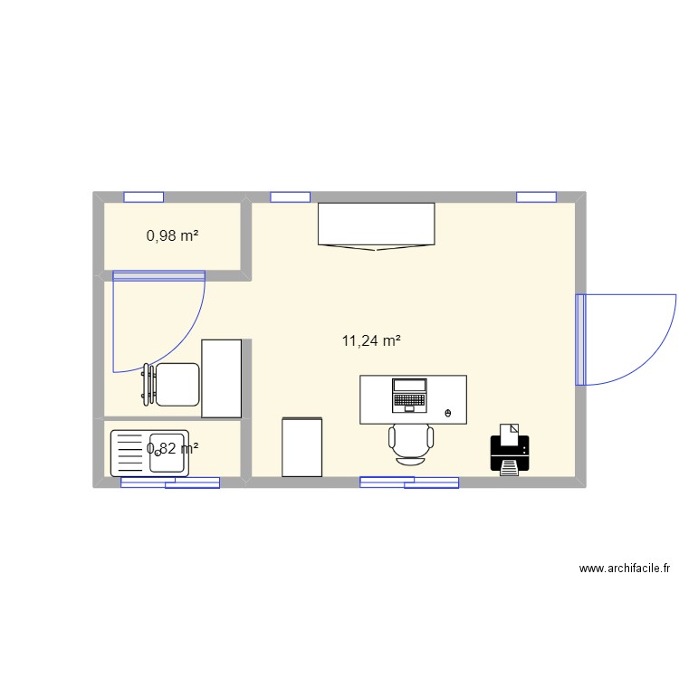 bungalow bureau. Plan de 3 pièces et 13 m2