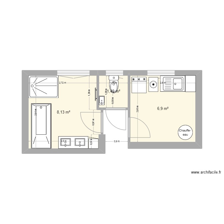 laborde salle de bain + buanderie. Plan de 3 pièces et 17 m2