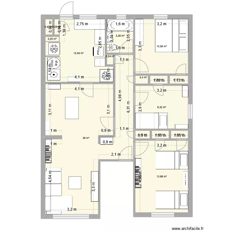 AppartCuisine. Plan de 16  et 89 m²