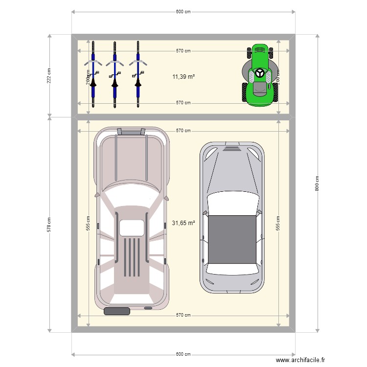 Carport V5. Plan de 2 pièces et 43 m2