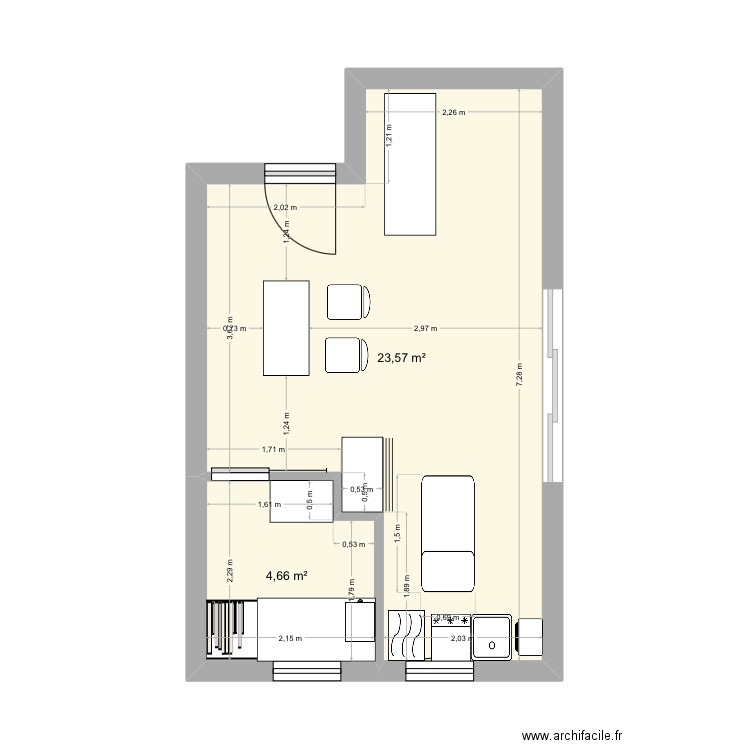 Vierge cabinet v3. Plan de 2 pièces et 28 m2