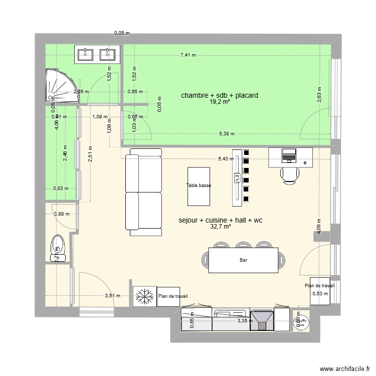 GUIGUI 1. Plan de 2 pièces et 52 m2