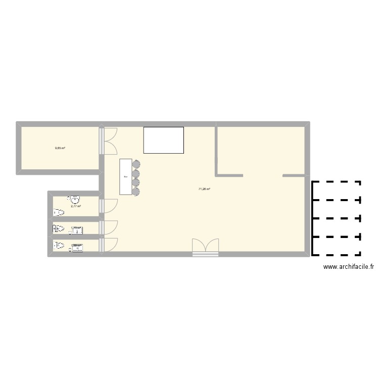 bar. Plan de 5 pièces et 87 m2