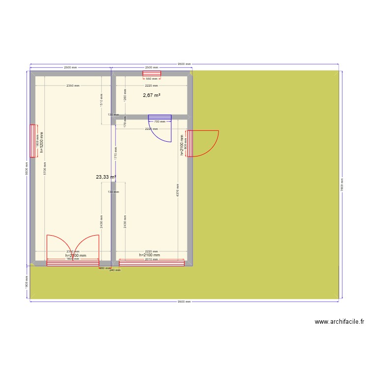 Рязань 36. Plan de 3 pièces et 59 m2