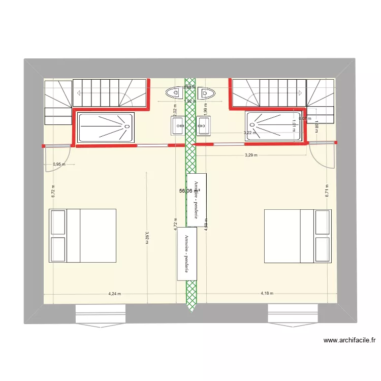Plan étage avec deux escaliers adjacents SDB. Plan de 1 et 56 m² Plan étage avec deux escaliers adjacents SDB. Plan de 1 et 56 m²
