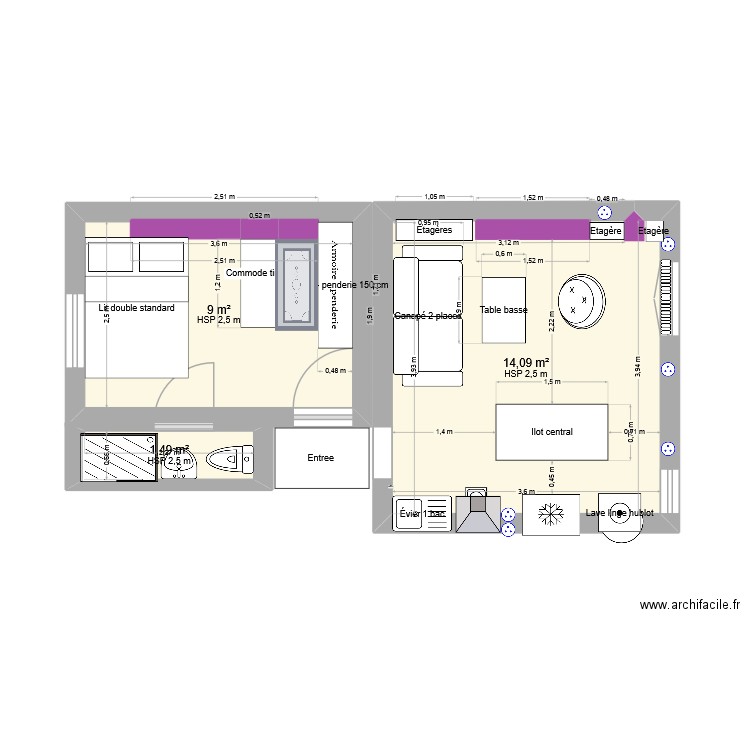 paris. Plan de 3 pièces et 25 m2